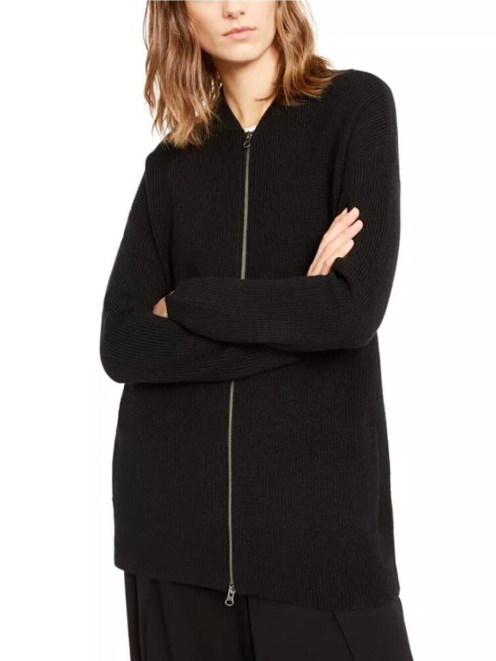 Eileen Fisher Wool Flight Cardigan Black Merino Zip Front Size Small